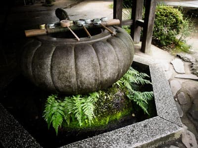Temizuya for visitors to wash their hands at the entrance of a temple in Shikoku
