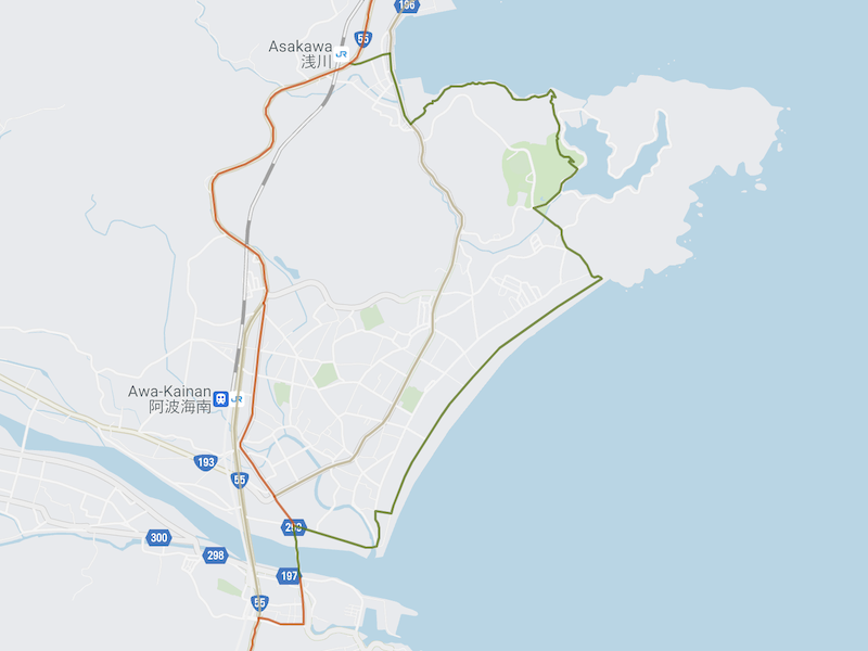 Map of a “Shikoku no Michi” detour route (in green) from the main route (in orange) going through a nature park, a large pond, and then along the coastline in Kaiyo, Tokushima.